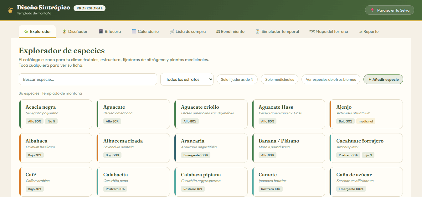 Explorador de especies de Diseño Sintrópico